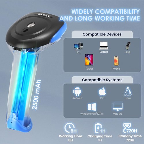 Eyoyo Wireless 2D Bluetooth Barcode Scanner - 2500mAh Handheld QR Code Reader for iPad, iPhone & Android