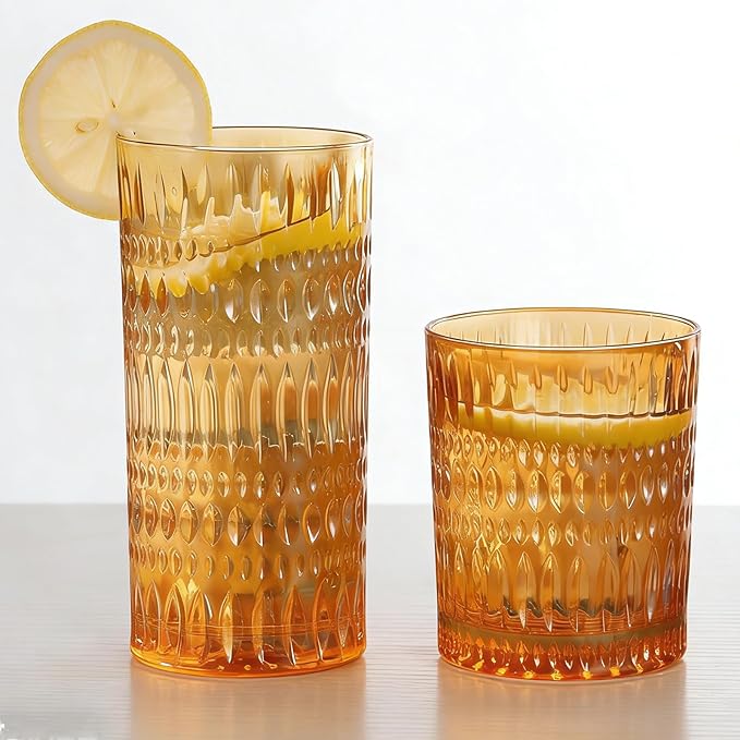 Loivttvv Glassware Drinking Glasses Set of 8, 14 oz Highball Glasses & 10 oz Ribbed Glass Cups, Vintage Glassware for Water, Juice, Cocktail (Thanksgiving Amber)