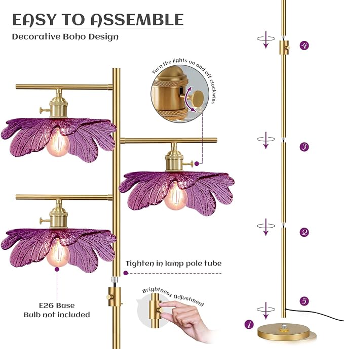 Dimmable tall floor lamp for Living Room 65" mid century modern floor lamp ,3 Lights Gold Standing Lamps vintage floor lamps Purple glass Flower floor light for Bedroom corner Study Office Home