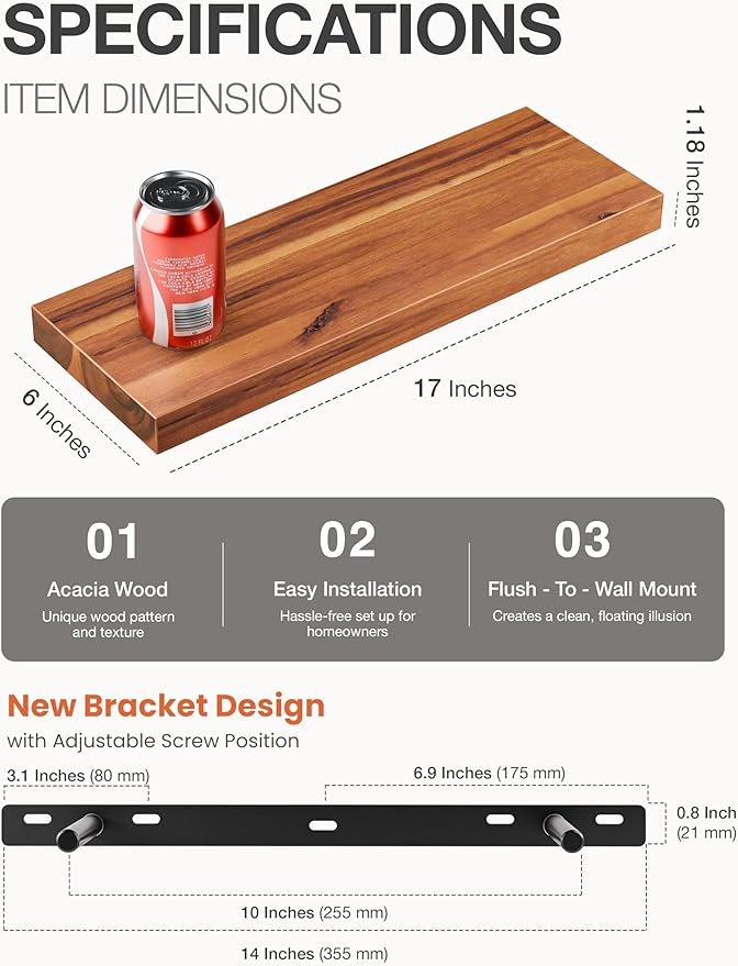 BATODA Set of 2 17" Acacia Wood Floating Shelves Wall Mounted – Rustic Farmhouse Wooden Wall Storage Shelf for Bedroom, Kitchen, Home Décor - Brackets and Shelving Mounting Hardware Included