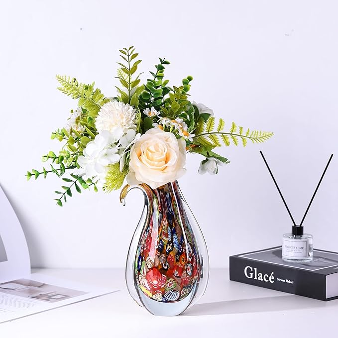 Hand Blown Glass Vase – Oval Decorative Art Glass for Centerpieces, Murano Inspired Decor for Dining Room, Entryway Table, or Shelf, Handmade Glass Vase for Home Display (Teal)