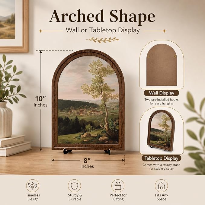Rustic Farmhouse Tabletop Decor Sign, Arched Wooden Frame Countryside Village Landscape Artwork for Living Room Dining Room Bedroom, Charming Gift Idea