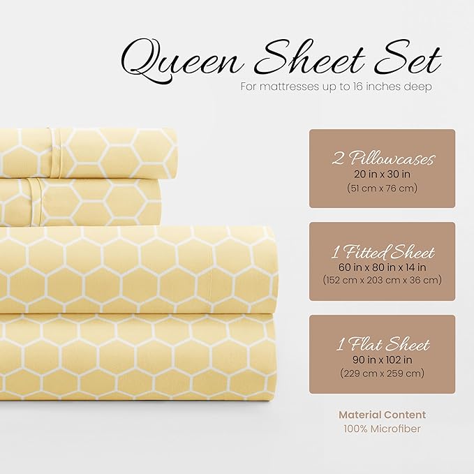 Linen Market Patterned Microfiber Queen Sheet Set 4 Piece – Oeko-TEX Certified Ultra Soft & Wrinkle-Free - 16" Deep Pocket Sheets - Easy Care Queen Size - Honeycomb Yellow
