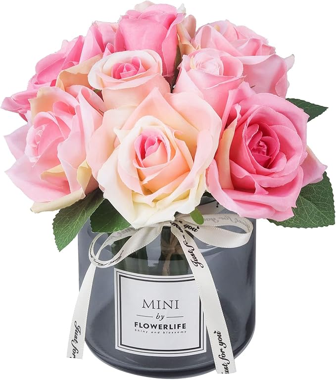XIAYAN Artificial Flower and Glass vase, Silk Rose Flower Glass Bottle Set, Suitable for Living Room, Dining Table, Office, Wedding, Hotel Banquet and Other Home Decoration. (Pink)………