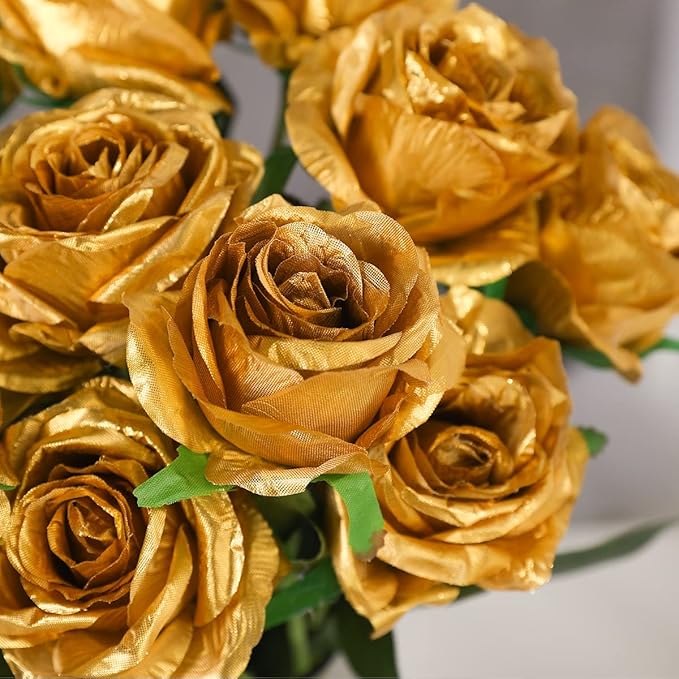 Veryhome 10 Pcs Artificial Gold Flowers Silk Roses Real Touch Bridal Wedding Bouquet Gold Rose for Christmas Home Garden Party Floral Decor