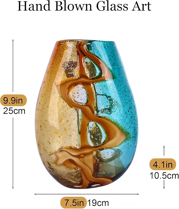 Pretty Hand Blown Glass Vase, Colored Glass Flower Vases Home Decor, Amber and Teal Decorative Murano vase for Living Room Office Bedroom Coastal Table Centerpieces Gift