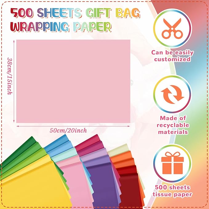 Qilery 500 Sheets Colored Rainbow Tissue Paper Bulk for Gift Bags 15 x 20 Inch Acid Free Packaging Wrapping Decoupage Paper Sheets Christmas Wedding Decoration DIY Flowers, Pom Poms, Party Supplies