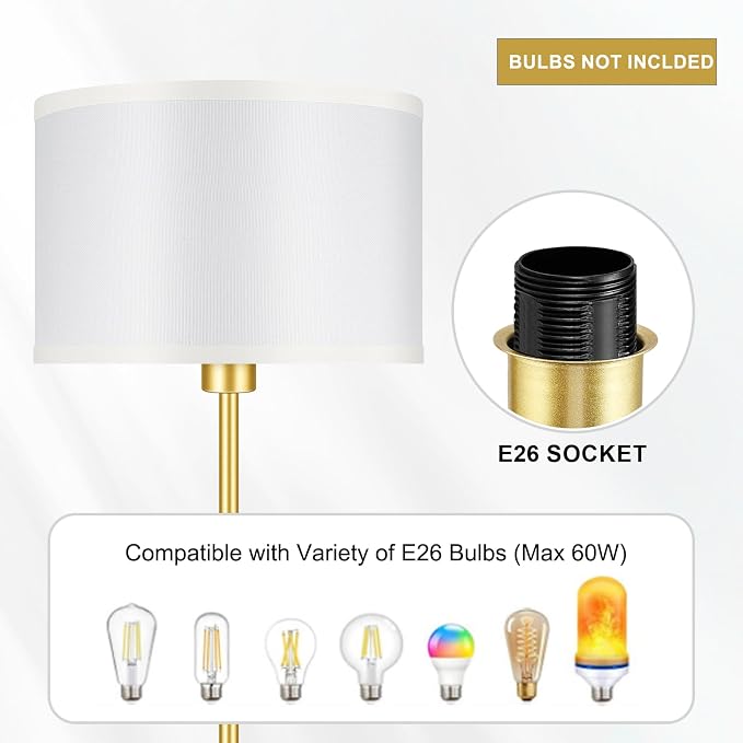 Gold Floor Lamps for Living Room, Modern Standing Lamp, White Lamp Shades, Foot Switch, Simple Pole Lamps Tall Lamp for Bedroom,Office/Living Room/Nightstand, Boho Reading Lamp(Bulb Not Included)