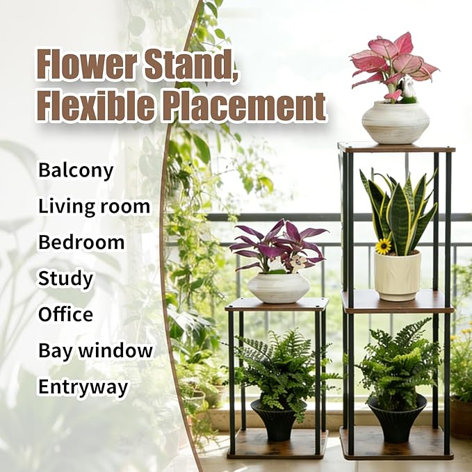 Vigordream Plant Stand Indoor Outdoor 2 Tier Metal Plant Shelf Tall Pedestal Stand Flower Pot Stands Multiple Planter Support Rack for Corner Living Room, Balcony, Garden Patio (Retro Brown, 17 INCH)