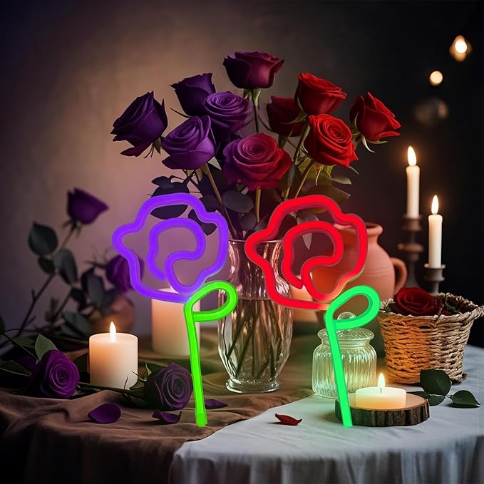 Rose Neon Sign - rose Flower with Green Stem Neon Art Wall Decor USB or 3-AA Battery Powered Operated for Girls Bedroom Birthday Gift Party Wedding Rose Lights for Bedroom (Red&Purple)