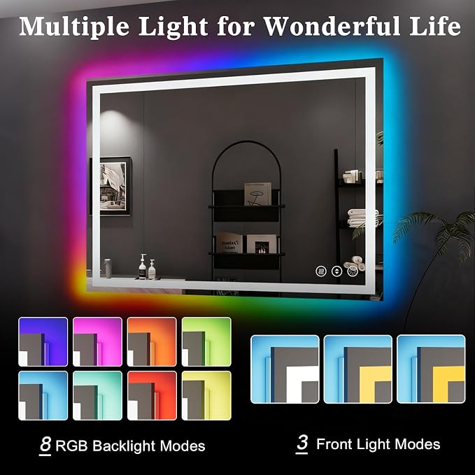 WTTY LED Bathroom Mirror 48"x32" with RGB Backlit and Front Light,Stepless Dimmable LED Mirror for Bathroom,Colored Lighted Bathroom Vanity Mirror,Anti-Fog,Memory Function,Shatter-Proof