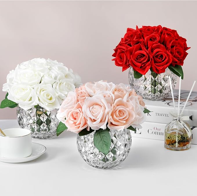 18PCS Artificial Red Rose Fake Flowers in Vase, Fake Rose with Vase for Dining Table, Bedroom, Wedding Decor (Red)