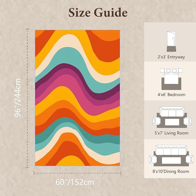 Retro 70s Area Rug 5x8, Mid Century Modern Abstract Wavy Carpet, Colorful Rainbow Swirl Rug for Living Room Bedroom Office, Non-Slip Washable Indoor Floor Mat