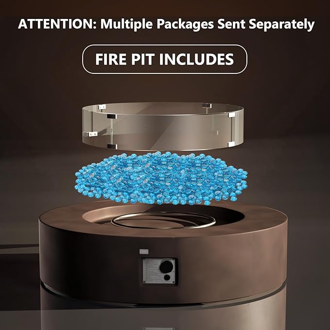 COSIEST Outdoor Propane Fire Pit Coffee Table w Dark Bronze 40.5-inch Round Base Patio Heater, Certified, 50,000 BTU Stainless Steel Burner, Wind Guard, Aqua Blue Fire Glass, Waterproof Cover