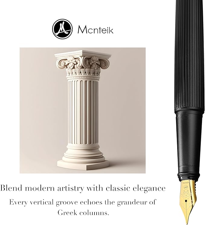 MCNTEIK Matte Black Fountain Pen, Exquisite Vertical Grooving Design, Ink Converter, 18K Gilded Nib (Extra Fine), Fancy Gift Set for Men & Women, Office, Smooth Writing Calligraphy Pens