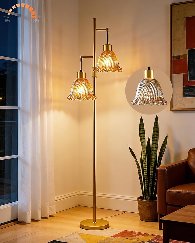 Lightdot 2- Light Gold Flower Floor Lamp for Living Room, 65IN Dimmable Floor Lamps with Amber Glass Shade& Warm White Bulbs, Modern Standing Tall Lamp with 5Lbs Heavy Base for Bedroom Home Office