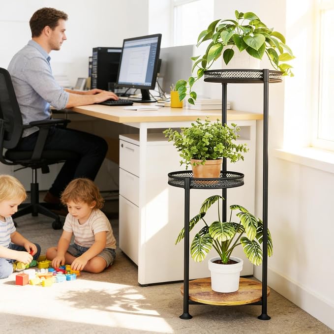 3 Tier Large Plant Stand Indoor Outdoor Clearance 10in Wide Metal Wood Plant Stand for Multiple Plants Black Tall Narrow Plants Display Organizer for Corner Living Room Porch Patio Garden Office