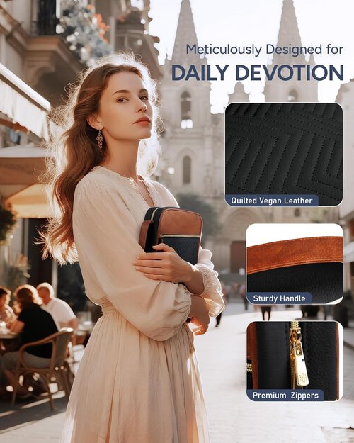 BellaHold Quilted Vegan Leather Bible Cover - Color-Blocked Case for Women | Large Size with Handle (Black & Brown)