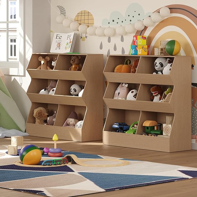 DINZI LVJ Toy Storage Organizer, Kids Bookshelf, Wooden Toy Storage Cabinet, 6 Cubby Children Bookcase, 35.4" L Toddler Book Shelf for Playroom, Living Room, Nursery, Hallway, School, Natural