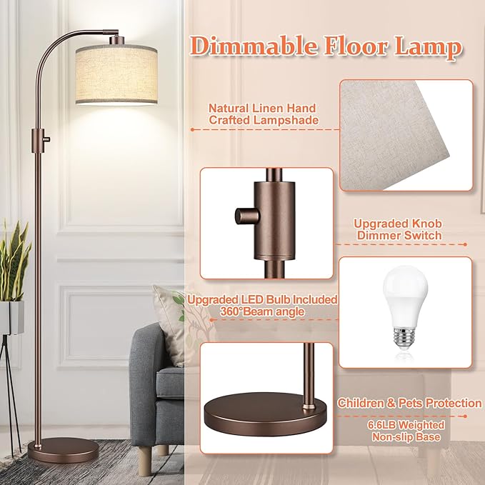 Nintiue Upgraded Modern Arc Dimmable Tall Standing Floor Lamp with Linen Shade, 1200 Lumens LED Bulb Included, for Living & Reading Room, Bedroom, Office & Nursery, Brown