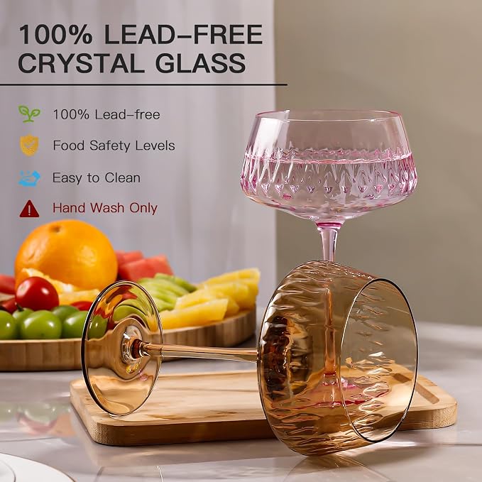 JOVGANK Colored Martini Glasses Set of 6 - Hand Blown Colorful Cocktail Glass 14Oz, Vintage Champagne Coupe, Large Margarita, Crystal Retro Style Bar Drinking Glass - Mixed Color