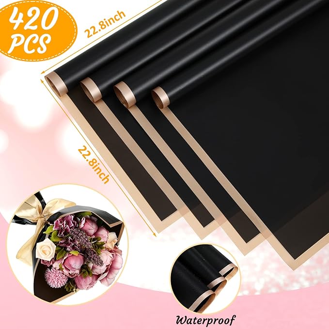 Yahenda 420 Sheet Black Flower Wrapping Papers Flower Bouquets with Gold Edge Korean Style Wrapping Paper for DIY Craft Package Decoration Floral Supplies, 23 x 23 Inch