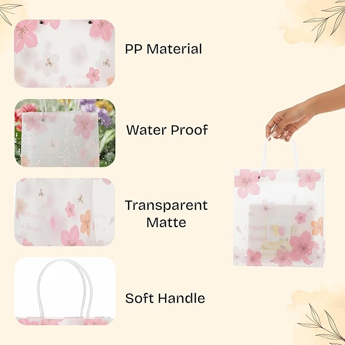 12 Pack Gift Bags with Cherry Blossom Design, Floral Plastic Totes for Wedding Favors, Party Goodies & Gifts