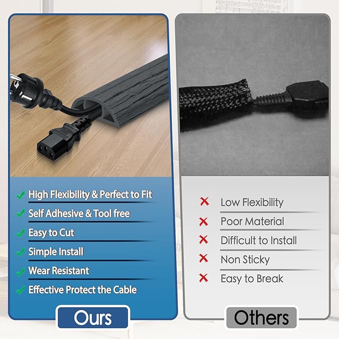 Floor Cord Cover for Wires on Floor Self Adhesive Cord Hider Floor Cable Management Wire Covers for Cords Protector Prevent Cable Trips Cord Cavity W 0.51" x H 0.31", Deep Gray Wood, 20Ft