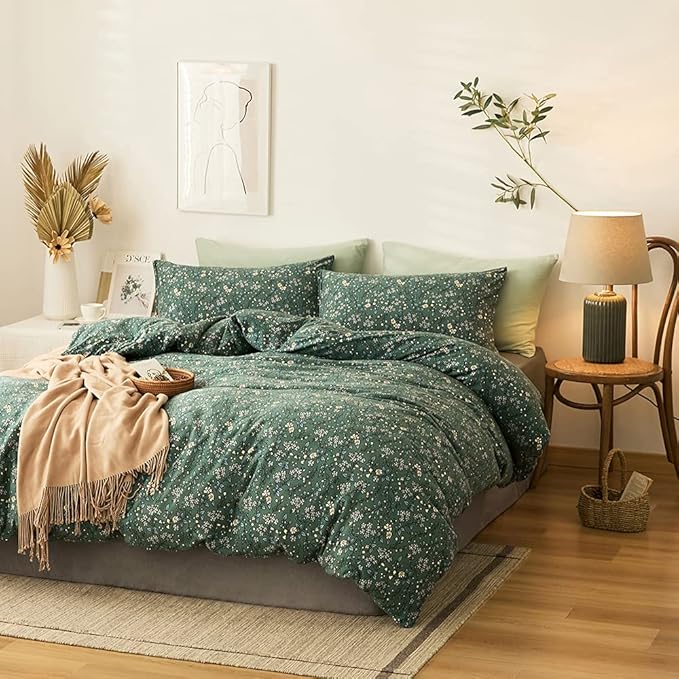 EAVD Vintage Style Green Floral Duvet Cover Twin XL Jersey Cotton Cottagecore Bedding Set with 2 Pillowcases Chic Shabby Botanical Floral Comforter Cover with Zipper Closure