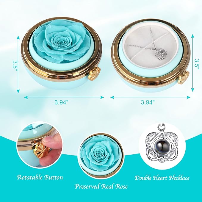 Preserved Real Rose with Heart Necklace , Eternal Flowers Gifts for Women, I Love You Gifts for Mom Wife Grandma Girlfriend, Christmas Valentines Mothers Day Anniversary Birthday Gifts Ideas (blue)