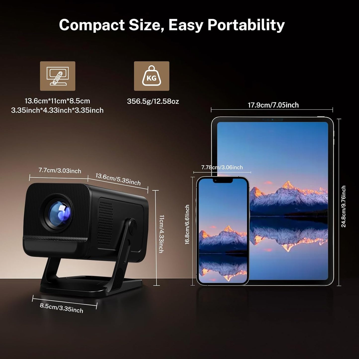 VisualCube Mini Projector - 1080P 4K WiFi 6 & Bluetooth 5.4 | Portable Outdoor Projector, Black