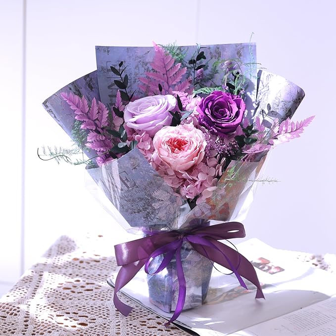 Preserved Roses Bouquets,Flowers for Delivery, Eteranl Purple Rose Bouquets Long-Lasting Real Flowers,Birthday Flowers Gifts for Mom Women Friends, Mothers Day for Grandma Wife Her(Purple)