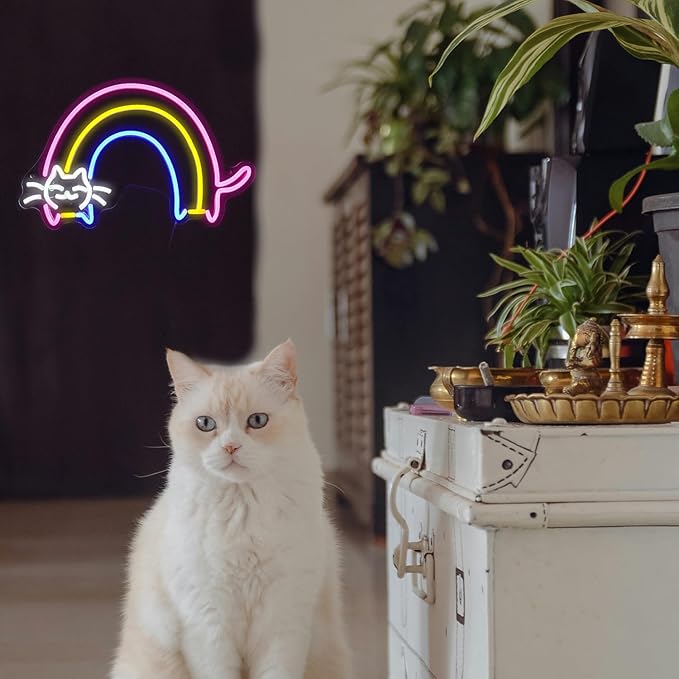 Rainbow Cat Neon Sign Cute Cat Led Light Up Sign Powered by USB Dimmable Colorful Rainbow Neon Light for Bedroom Kids Room Cat Cafe Bar Man Cave Wall Decor
