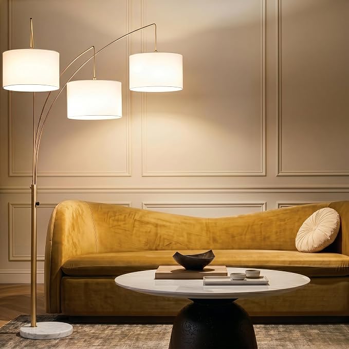 Brightech Trilage Arc Floor Lamp - Large Standing Lamp with 3 Fabric Shades & LED Bulbs for Living Room Over the Sofa, Reading, Multi-Head Traditional Tree Floor Lamp for Bedroom - Brass