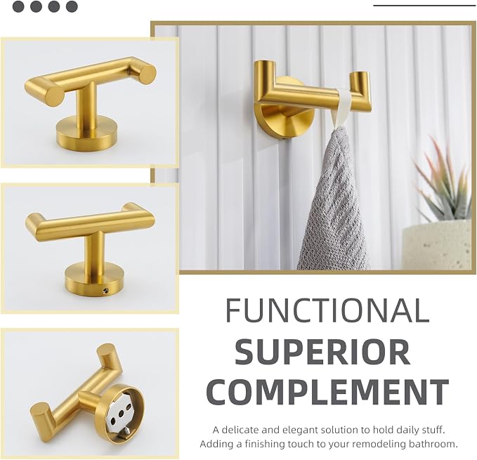 Angle Simple Bathroom Double Hook Brushed Dark Gold, SUS304 Stainless Steel Bath Towel Holder, Double Robe Hanger Wall Mount
