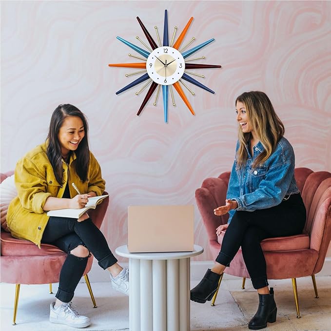 FIELDY Large Wall Clock 22 Inch Mid Century Wall Clocks Starburst Clock Non Ticking Battery Operated 3D Wall Clocks Home Décor for Living Room, Kitchen, Dining Room, Bedroom