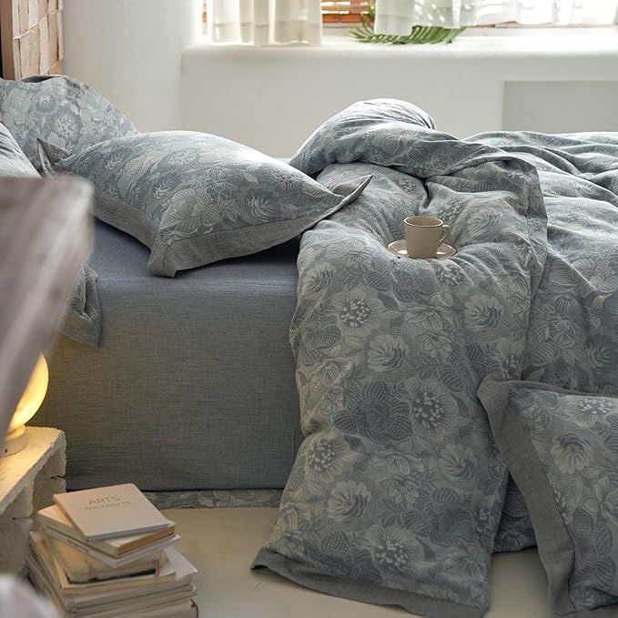 Vintage Grey Duvet Cover Queen 3 Pieces Exquisite Jacquard Flower Bedding Set Queen Yarn-Dyed Cotton Linen Duvet Cover Chic Flower Botanical Comforter Cover Farmhouse Bedding Set Breathable Soft