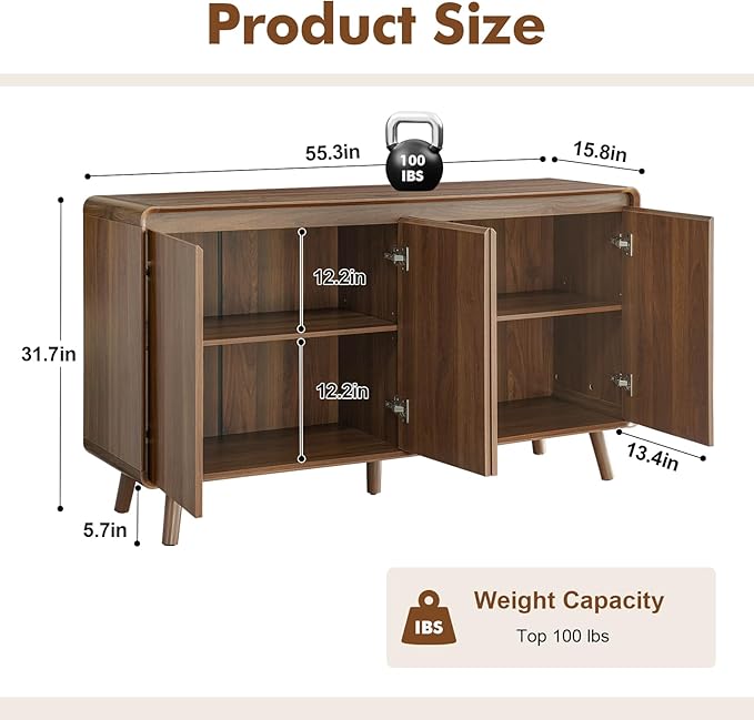 Nasonet Mid Century Modern Buffet Cabinet with Storage, 55 Inch Sideboard Credenza with Doors & Shelves Console Coffee Bar Table for Living Room, Kitchen, Dining Room and Hallway, Walnut