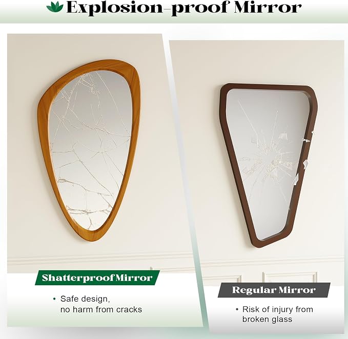 Asymmetrical Wall Mirror, 19x30 InchMid Century Modern Mirrors | Irregular Wall Mirror with Pine Wooden Frame for Living Room Bedroom Bathroom Entryway Hangs Horizontally or Vertically