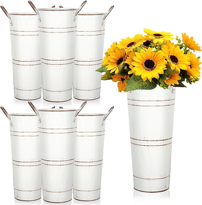 9 Inch High Galvanized French Bucket Vase with Handle 6Pcs White Metal Farmhouse Flower Vases Ideal for Dried Floral Arrangements at Home for Weddings Gift Spa and Aromatherapy Settings O4