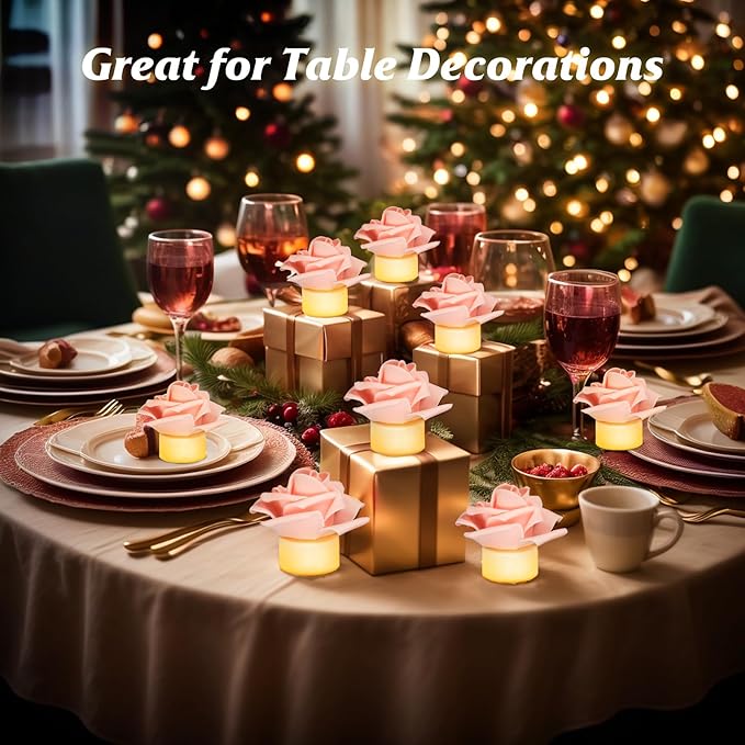 12 Pack Led Candles with Artificial Flowers, 200+Hour Battery Operated Tea Lights Candles for Centerpiece Table, Party, Wedding Decorations (Pink)