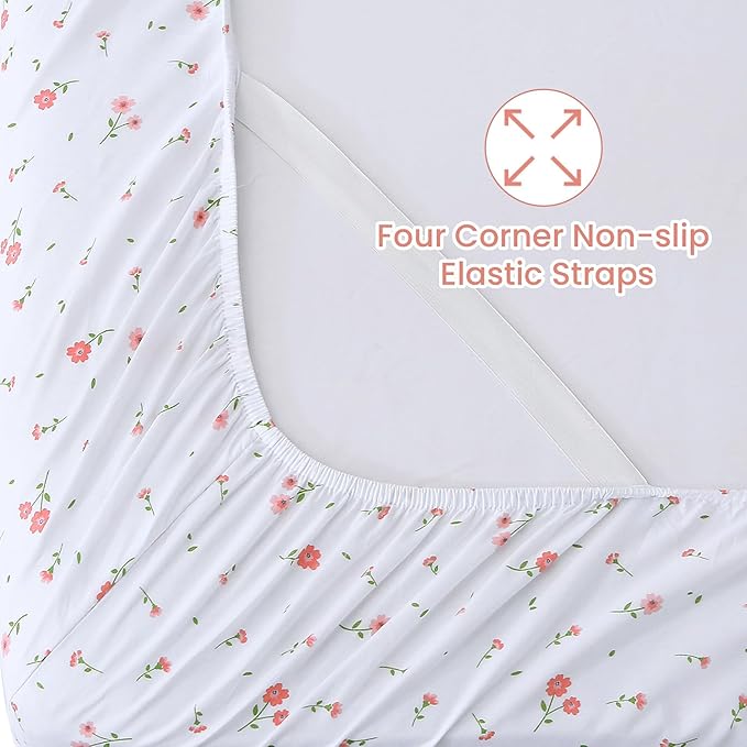 Softan Pink Floral Full Sheet Set Flower Printed Bed Sheets Double - 4 Piece Microfiber Patterned Fitted Bed Sheets with 15" Deep Pocket & Straps, Cozy Cute Pink Sheets and Pillowcase Set
