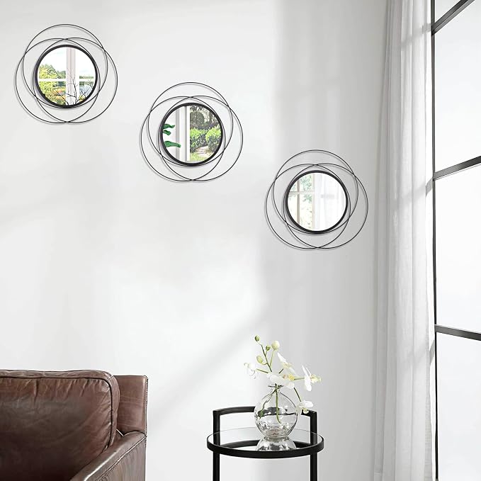 Black 3 Pcs Decorative Wall Mirror Circle Modern Mirror Round Art Ring Metal Mirrors Wall Decor Wall Mounted Mirror for Living Room Bedroom Dining Room Hallway Entryway 12"