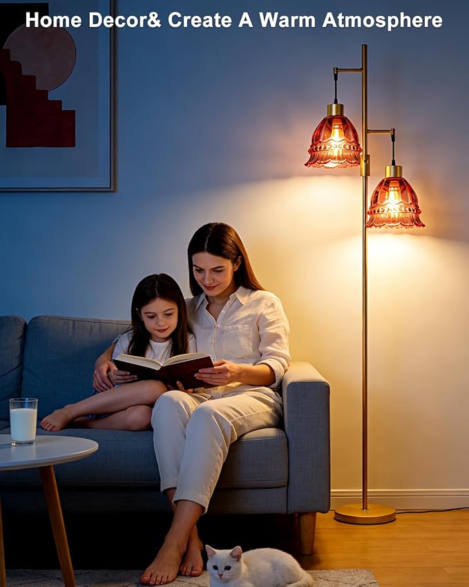 Lightdot 65IN Glass Floor Lamp for Living Room, 2- Light Gold Flower Floor Lamps with Rose Red Glass Lampshade,3000K Warm White Modern Standing Tall Lamp with 5Lbs Heavy Base for Bedroom Corner