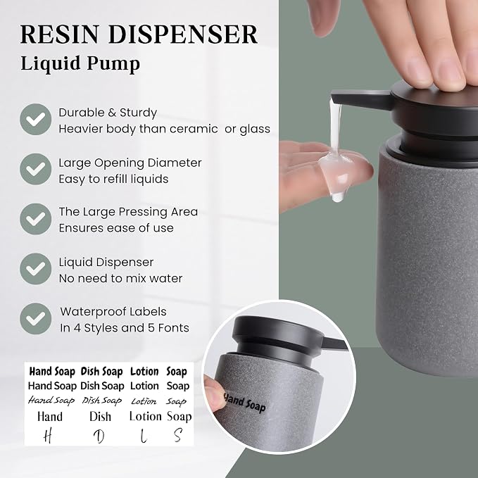 Clasin Home Liquid Soap Dispenser with Easy-to-Press Pump, 10 oz Refillable Hand Soap Dispenser with Extended Spout for Bathroom Kitchen Dish Lotion, Modern Stone Texture (Gray)