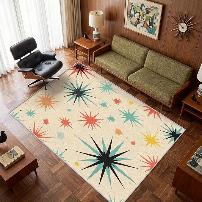 Retro Atomic Rug 7x9, Washable Mid Century Modern Rugs for Living Room Bedroom, Contemporary Geometric Area Rug for Home Decor, Non Slip Backing Floor Carpet with Gripper - 7 x 9 ft