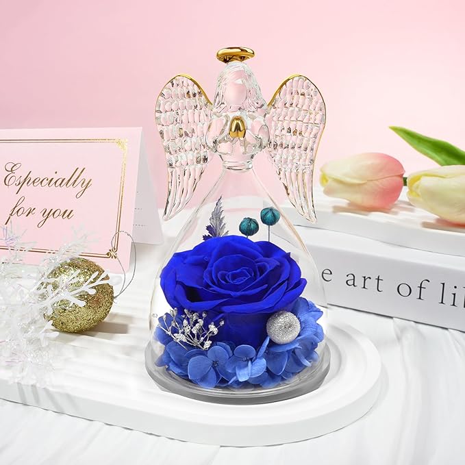 Sunia Preserved Flower Rose Gift for Women - Mother's Day Birthday Gifts for Mom Wife Grandma, Glass Angel Figurines Forever Real Roses Gifts for Her Valentine Day Thanksgiving