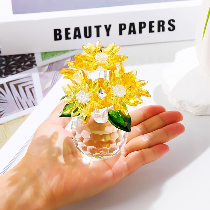 YWHL Handmade Yellow Crystal Flower Figurine with Base, Beautiful Glass Flower Gifts for Women, Flower Collectible Figurines Decoration for Christmas, Valentine's Day, Wedding (Yellow)