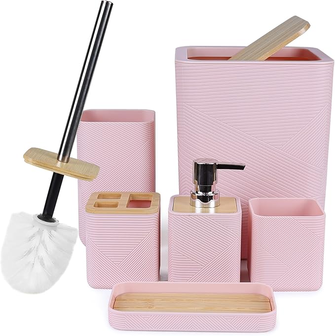 CERBIOR Bathroom Accessories Set 6 Piece Bamboo Bath Ensemble Includes Soap Dispenser, Toothbrush Holder, Toothbrush Cup, Soap Dish for Decorative Countertop and Housewarming Gift (Pink)