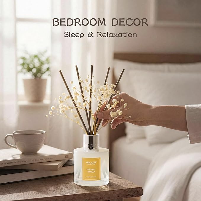 Airkeep Reed Diffuser Set,3.38 fl oz (100 ml) - Coconut Vanilla Oil Diffusers with 8 Reed Sticks, Home Fragrance Reed Diffuser for Bathroom Shelf Decor